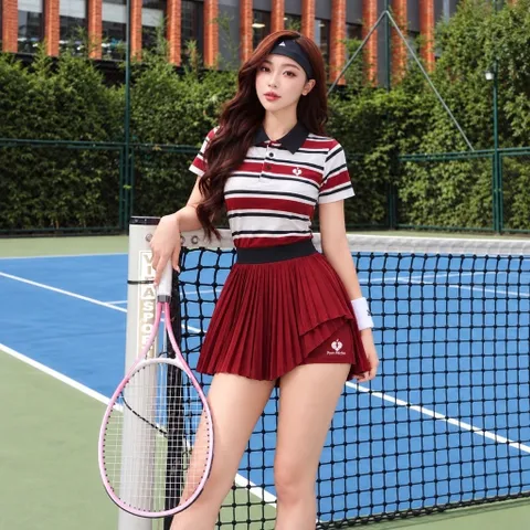 Bộ đồ tập thể thao nữ GARNET áo polo sọc phối chân váy xếp ly vải poly cá sấu thoáng mát nhanh khô