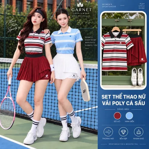 Bộ đồ tập thể thao nữ GARNET áo polo sọc phối chân váy xếp ly vải poly cá sấu thoáng mát nhanh khô