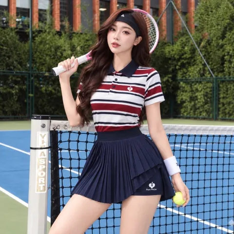 Bộ đồ tập thể thao nữ GARNET áo polo sọc phối chân váy xếp ly vải poly cá sấu thoáng mát nhanh khô