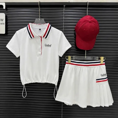 Set Thể Thao Nữ Áo Polo Cổ Đức Rút Giây - Vải Poly Spandex Chân Váy Xếp Ly Cách Điệu Chơi pickleball, tennis