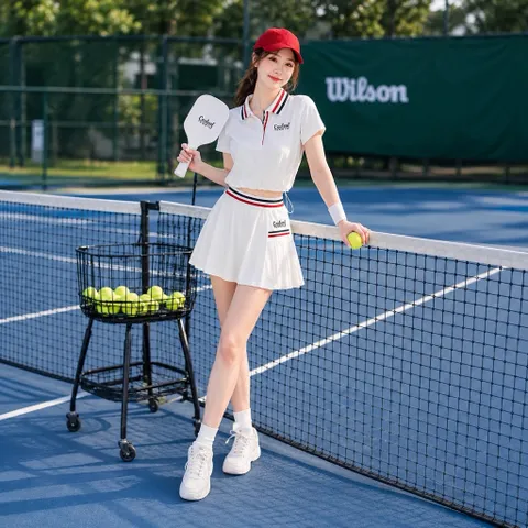 Set Thể Thao Nữ Áo Polo Cổ Đức Rút Giây - Vải Poly Spandex Chân Váy Xếp Ly Cách Điệu Chơi pickleball, tennis