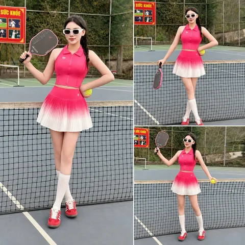 Set Thể Thao Nữ Áo Ba Lỗ Đệm Mút Su Phối Chân Váy Xếp Ly Cạp Cao Hack Dáng Tập Pick, Tennis Cho Nữ