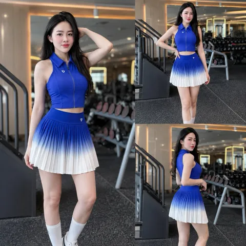Set Thể Thao Nữ Áo Ba Lỗ Đệm Mút Su Phối Chân Váy Xếp Ly Cạp Cao Hack Dáng Tập Pick, Tennis Cho Nữ