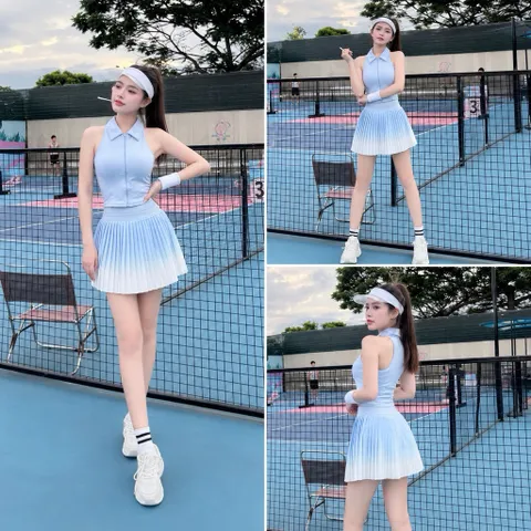 Set Thể Thao Nữ Áo Ba Lỗ Đệm Mút Su Phối Chân Váy Xếp Ly Cạp Cao Hack Dáng Tập Pick, Tennis Cho Nữ