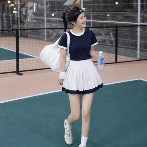 Set thể thao nữ cổ tròn - vải cotton bozip chống nhăn, váy xếp ly kèm quần bảo hộ, chơi pickleball, tennis, cầu lông
