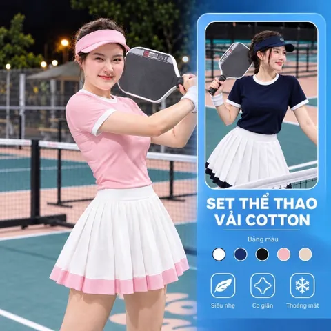 Set thể thao nữ cổ tròn - vải cotton bozip chống nhăn, váy xếp ly kèm quần bảo hộ, chơi pickleball, tennis, cầu lông
