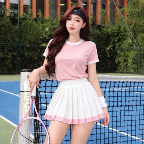 Set thể thao nữ cổ tròn - vải cotton bozip chống nhăn, váy xếp ly kèm quần bảo hộ, chơi pickleball, tennis, cầu lông