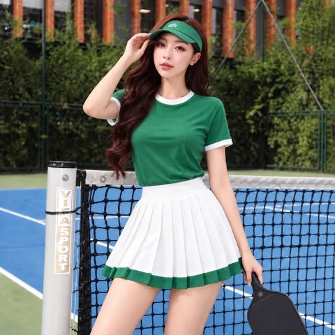 Set thể thao nữ cổ tròn - vải cotton bozip chống nhăn, váy xếp ly kèm quần bảo hộ, chơi pickleball, tennis, cầu lông