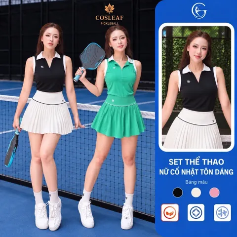 Set thể thao nữ Pickleball vải thun lạnh áo polo sát nách phối chân váy xếp ly cạp cao dáng xòe thể thao
