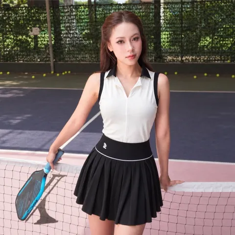 Set thể thao nữ Pickleball vải thun lạnh áo polo sát nách phối chân váy xếp ly cạp cao dáng xòe thể thao