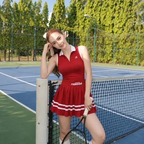 Set thể thao nữ Pickleball vải thun lạnh áo polo sát nách phối chân váy xếp ly cạp cao dáng xòe thể thao