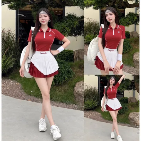 Set thể thao nữ áo polo phối chân váy xếp ly vải poly cá sấu, đồ pickleball tennis năng động