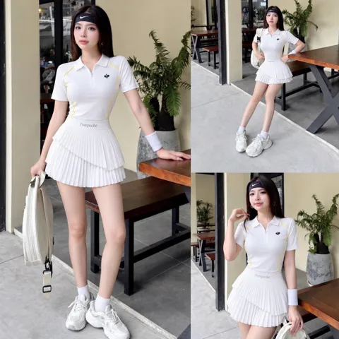 Set thể thao nữ áo polo phối chân váy xếp ly vải poly cá sấu, đồ pickleball tennis năng động