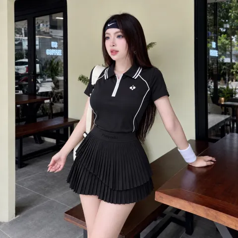 Set thể thao nữ áo polo phối chân váy xếp ly vải poly cá sấu, đồ pickleball tennis năng động