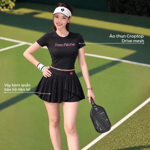 Bộ tennis nữ áo croptop ôm dáng phối váy quần xếp ly có quần trong co giãn 3 màu