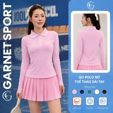 Áo polo nữ Garnet Sport dài tay cổ khóa kéo co giãn thoáng mát phong cách tennis nữ tính