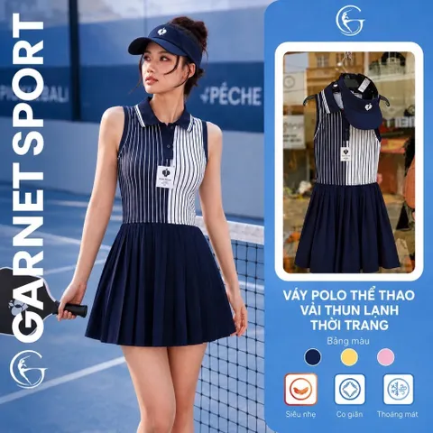 Váy polo thể thao nữ sát nách phối sọc GARNET, chân váy xếp ly, vải thun lạnh co giãn thoáng mát