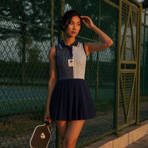 Váy polo thể thao nữ sát nách phối sọc GARNET, chân váy xếp ly, vải thun lạnh co giãn thoáng mát