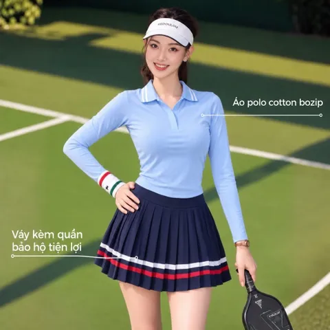 Set thể thao nữ Garnet áo polo dài tay phối chân váy xếp ly co giãn thoáng mát dễ vận động