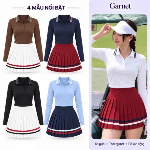 Set thể thao nữ Garnet áo polo dài tay phối chân váy xếp ly co giãn thoáng mát dễ vận động
