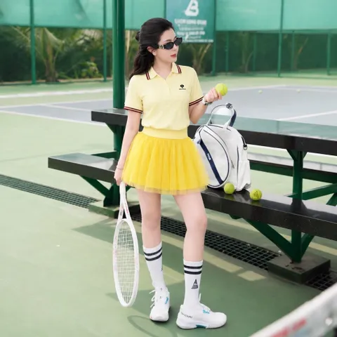 Bộ đồ thể thao nữ áo polo phối chân váy xòe thun tăm lạnh siêu nhẹ co giãn thoáng mát mặc tennis