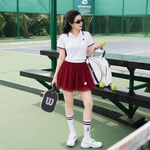 Bộ đồ thể thao nữ áo polo phối chân váy xòe thun tăm lạnh siêu nhẹ co giãn thoáng mát mặc tennis