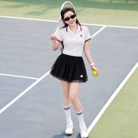 Bộ đồ thể thao nữ áo polo phối chân váy xòe thun tăm lạnh siêu nhẹ co giãn thoáng mát mặc tennis