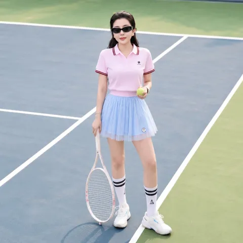 Bộ đồ thể thao nữ áo polo phối chân váy xòe thun tăm lạnh siêu nhẹ co giãn thoáng mát mặc tennis