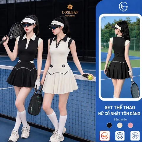 Bộ đồ thể thao nữ cổ Nhật tôn dáng, áo sát nách phối chân váy xếp ly chơi tennis pickleball