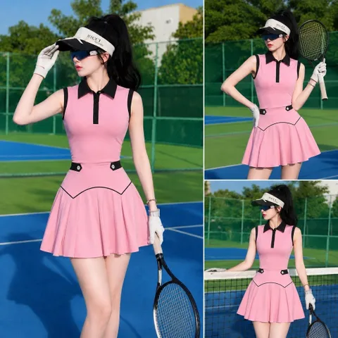 Bộ đồ thể thao nữ cổ Nhật tôn dáng, áo sát nách phối chân váy xếp ly chơi tennis pickleball