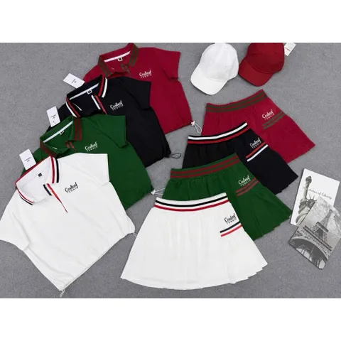 Set Thể Thao Nữ Áo Polo Cổ Đức Rút Giây - Vải Poly Spandex Chân Váy Xếp Ly Cách Điệu Chơi pickleball, tennis
