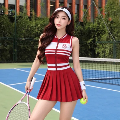 Váy tennis nữ liền thân khóa kéo phối sọc, chân váy xếp ly phong cách thể thao năng động