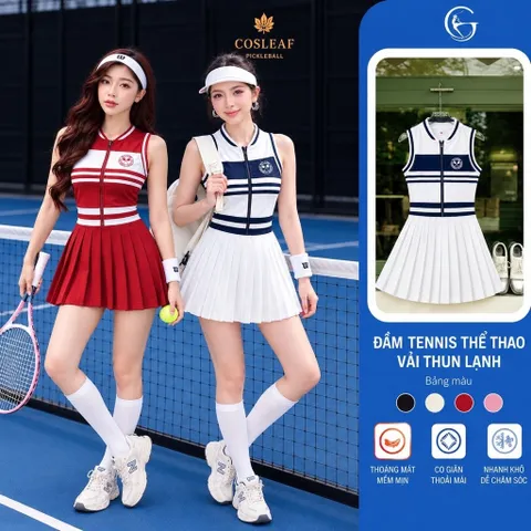 Váy tennis nữ liền thân khóa kéo phối sọc, chân váy xếp ly phong cách thể thao năng động