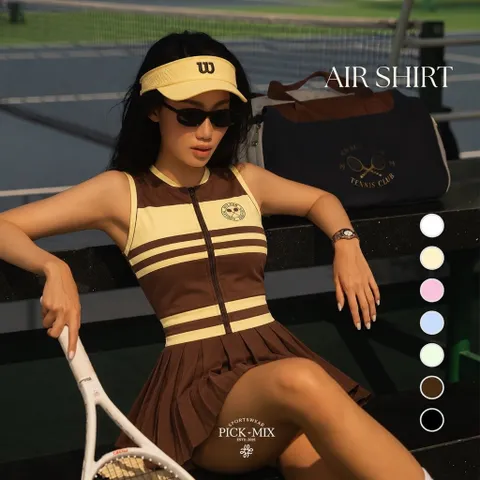 Váy tennis nữ liền thân khóa kéo phối sọc, chân váy xếp ly phong cách thể thao năng động
