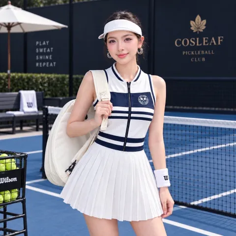 Váy tennis nữ liền thân khóa kéo phối sọc, chân váy xếp ly phong cách thể thao năng động