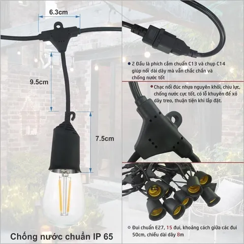 Bộ dây treo kín nước dài 10m 20 đuôi đèn e27