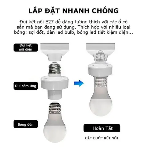 Đui đèn cảm biến chuyển động tự bật tắt E27, đuôi đèn xoáy cảm ứng chuyển động radar tiết kiệm điện
