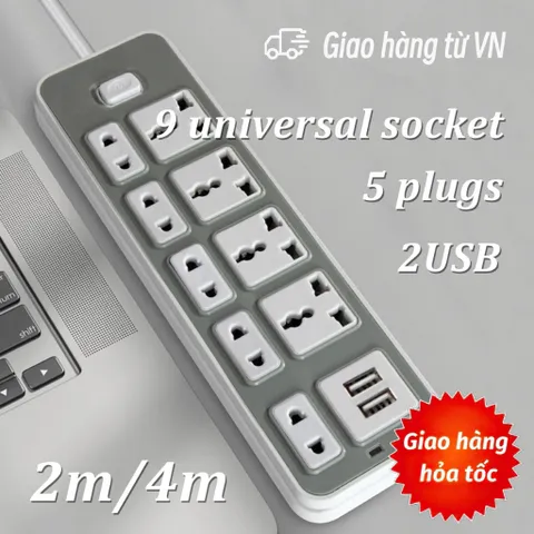 Ổ Điện USB Đa Năng Chịu Tải 2500W Dài 4m Có 9 lổ cắm và 2 lỗ USB
