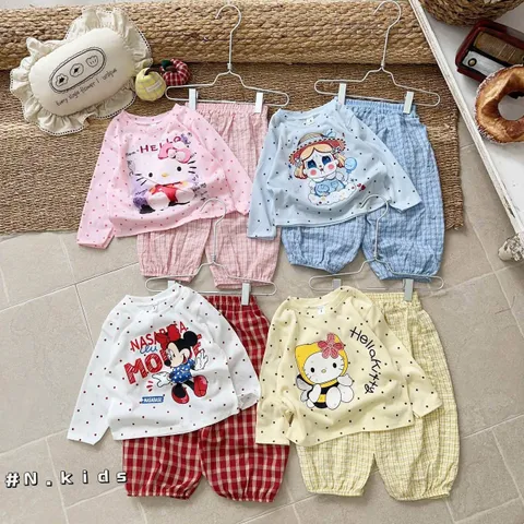 Set bộ thun giấy hoạt hình micky hello kitty thu đông xinh xắn dễ thương đáng yêu cho bé gái 6-16kg