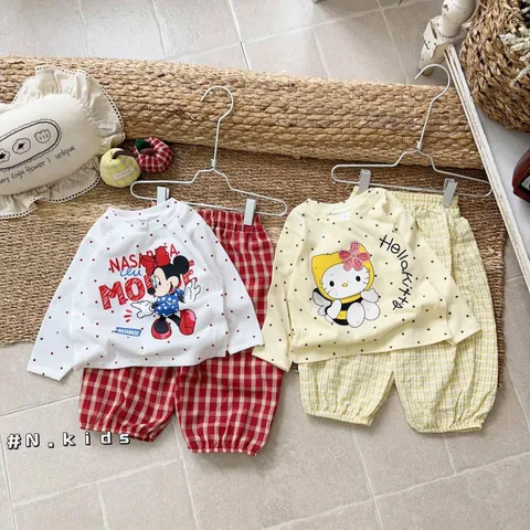 Set bộ thun giấy hoạt hình micky hello kitty thu đông xinh xắn dễ thương đáng yêu cho bé gái 6-16kg