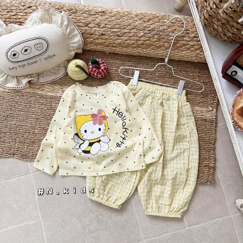 Set bộ thun giấy hoạt hình micky hello kitty thu đông xinh xắn dễ thương đáng yêu cho bé gái 6-16kg