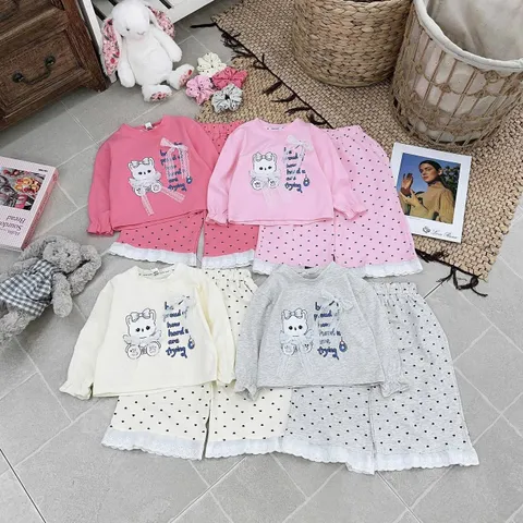 Set bộ nỉ gấu đính nơ quần chấm bi ren dáng rộng xinh xắn đáng yêu cute dễ thương thu đông cho bé gái