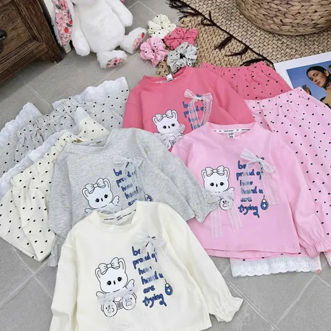 Set bộ nỉ gấu đính nơ quần chấm bi ren dáng rộng xinh xắn đáng yêu cute dễ thương thu đông cho bé gái