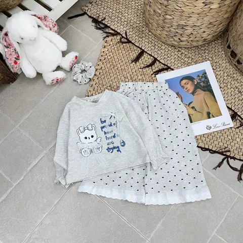 Set bộ nỉ gấu đính nơ quần chấm bi ren dáng rộng xinh xắn đáng yêu cute dễ thương thu đông cho bé gái
