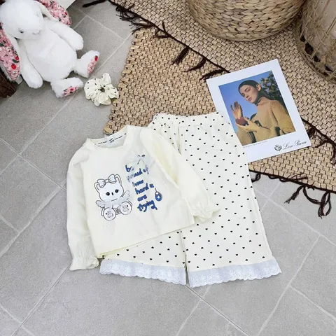 Set bộ nỉ gấu đính nơ quần chấm bi ren dáng rộng xinh xắn đáng yêu cute dễ thương thu đông cho bé gái