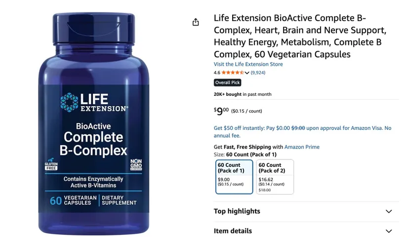 Life Extension BioActive Complete B-Complex 60 Viên Nang Chay Vitamin B Phức Hợp USA