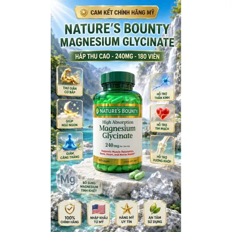 [HÀNG MỸ] Viên Uống Bổ Sung Magie Hấp Thu Cao Nature's Bounty Magnesium Glycinate 240mg (180 Viên) 859493