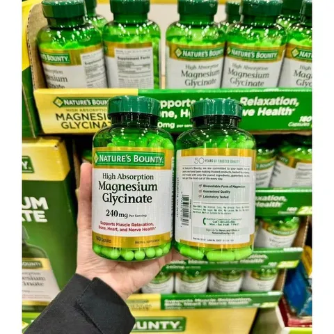 [HÀNG MỸ] Viên Uống Magie Nature's Bounty High Absorption Magnesium Glycinate 240mg (Lọ 180 Viên)
