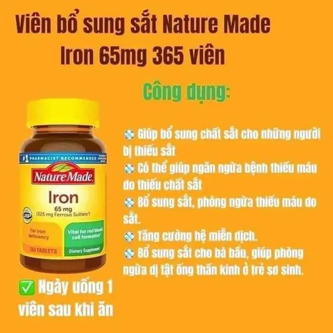 CHÍNH HÃNG MỸ Viên Sắt Nature Made Iron 65mg. 365 viên DATE XA 859982