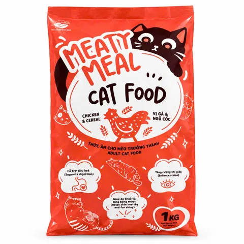 HẠT MÈO MEATY MEAL 1KG/TÚI – DƯỠNG LÔNG DA, BỔ SUNG DINH DƯỠNG